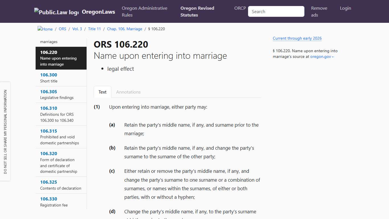 ORS 106.220 – Name upon entering into marriage; legal effect